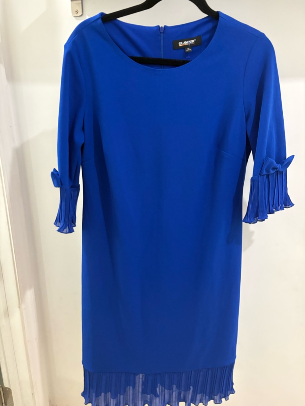 Glamour Blue Pleated Bow Accent Shift Dress Lined Chiffon Size 12